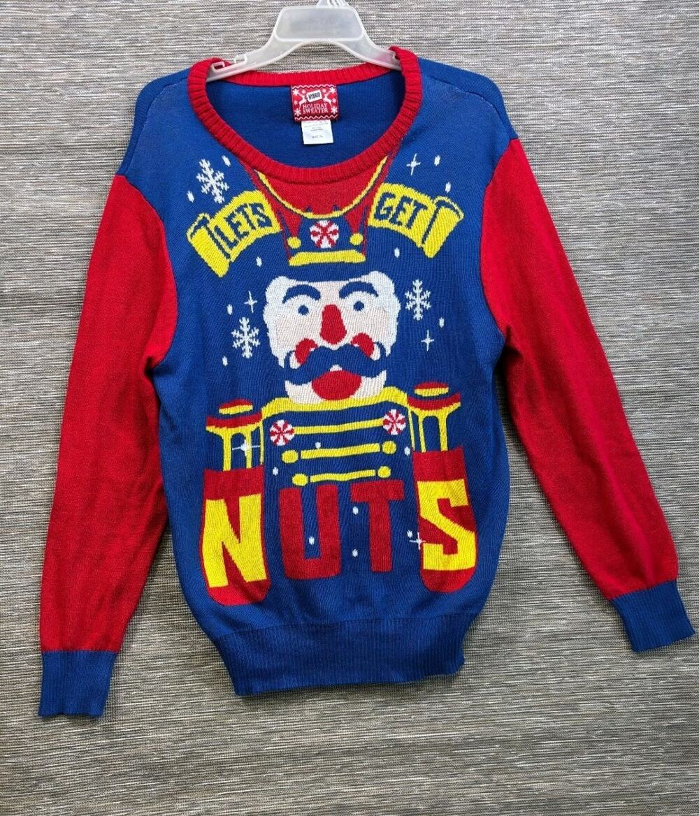 Ugly Christmas Sweater “Lets Get Nuts” Womens Size XL Blue Red Long Sleeve